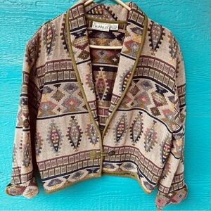 VINTAGE SOUTHWESTERN TAPESTRY WOVEN SHORT JACKET SILVER CONCHO BUTTON SIZE LARGE